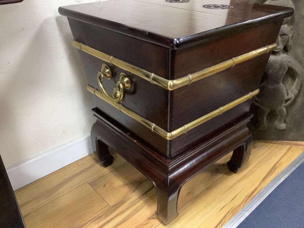 A Chinese brass-mounted hardwood container and cover on low stand, width 49cm depth 50cm height 60cm 50 x 59cm